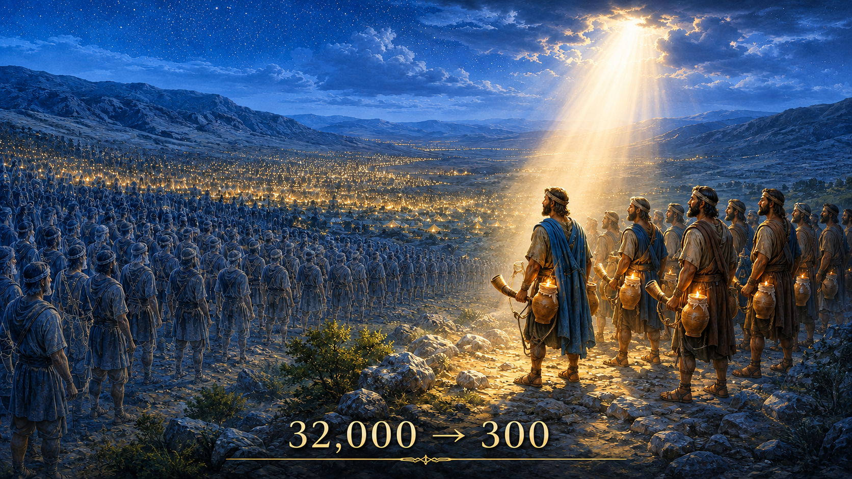 Gideon’s 300 men illuminated on a ridge beside a vast departing army, with the words “32,000 → 300.”