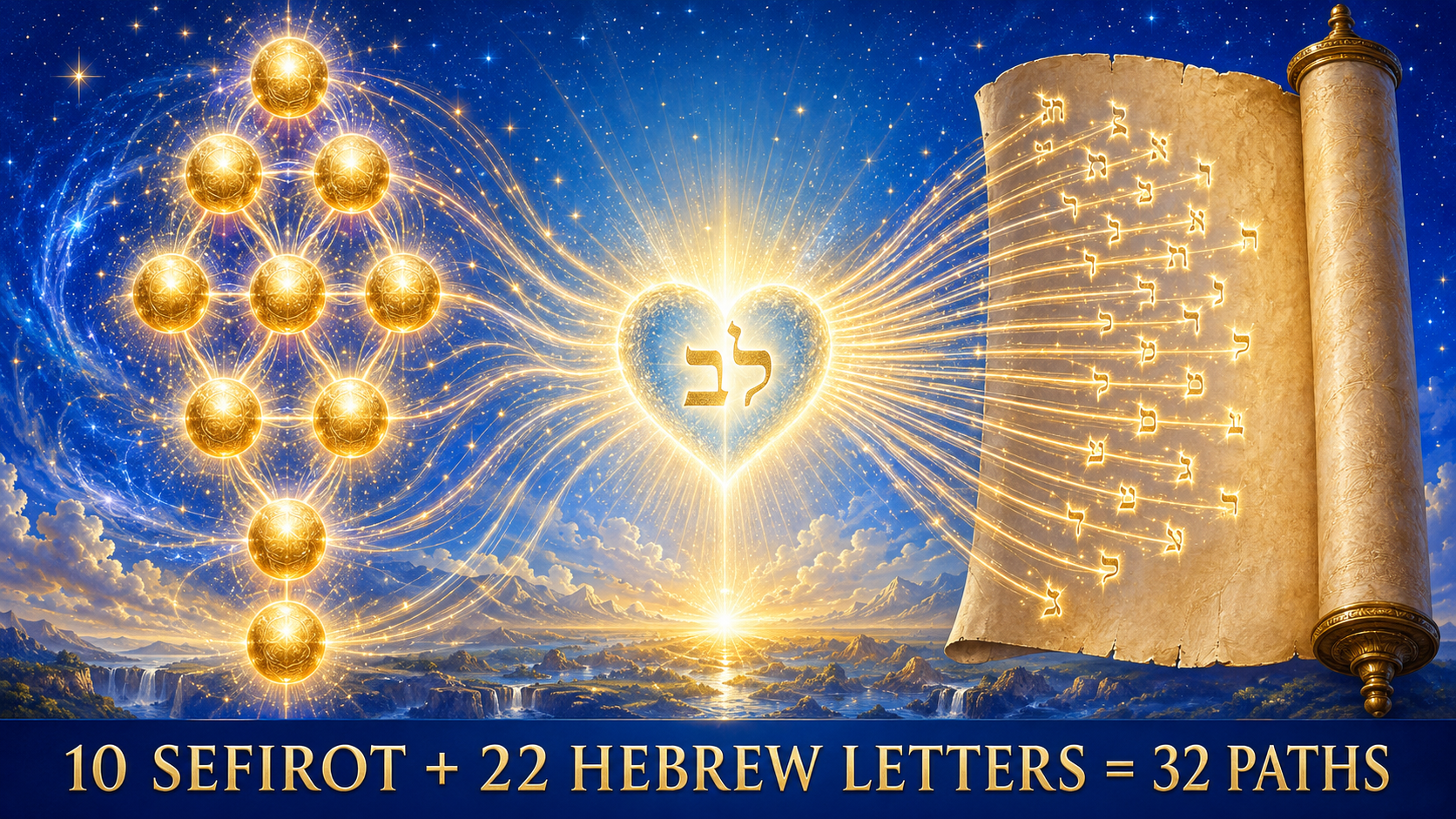 Ten golden Sefirot and twenty-two symbolic streams converging upon lev, the Hebrew word for heart, representing the thirty-two paths of wisdom.