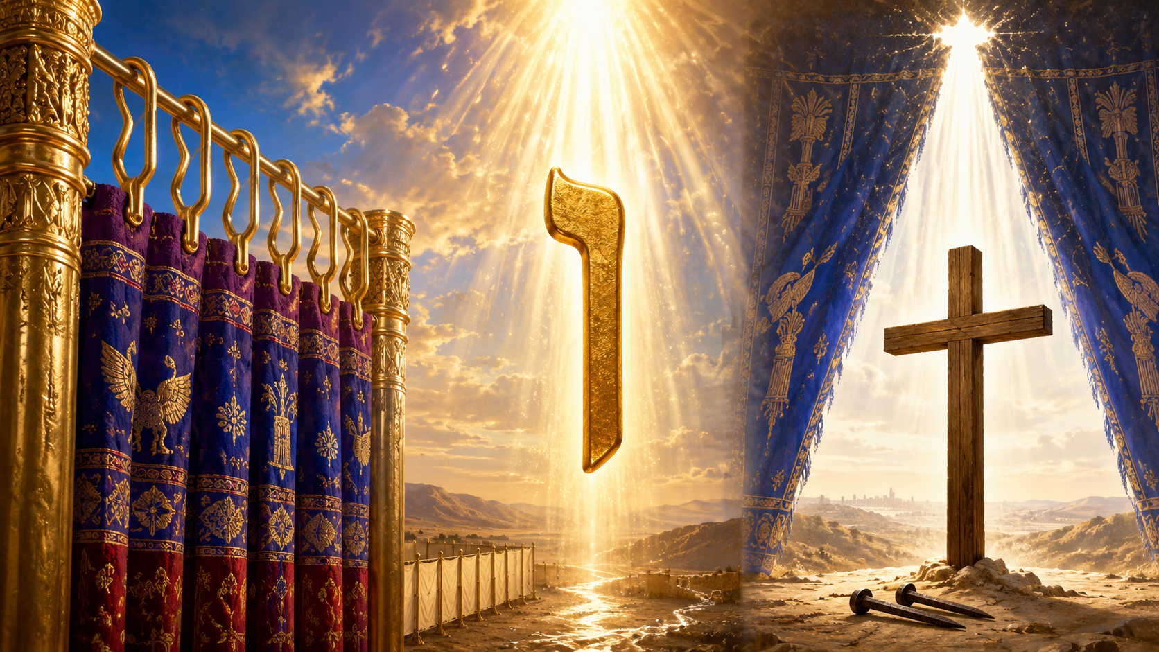 Golden Vavim supporting the Tabernacle veil, a central Hebrew Vav connecting heaven and earth, and the Temple veil opening beside an empty cross.